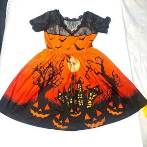 Halloween Pumpkin Bat Dress Short Lace Sleeve Halloween Dress Size Large